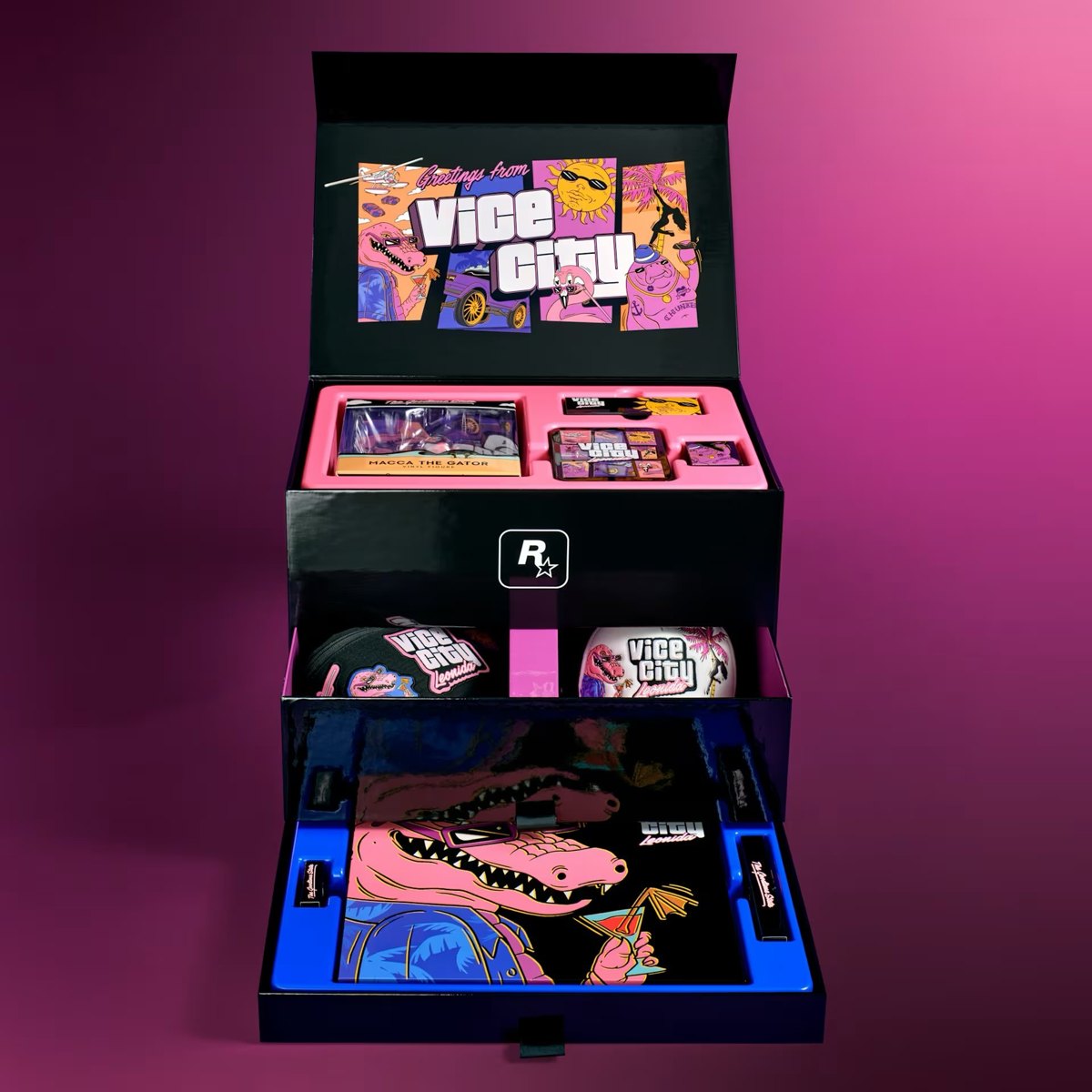 Caja de The Goodtime State – Vice City Collection abierta con su contenido